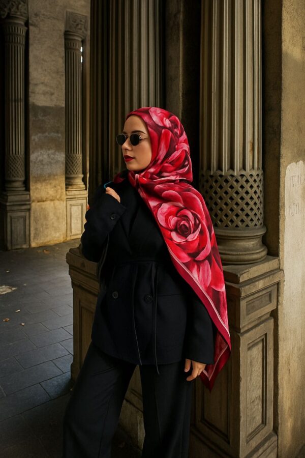 MAGNOLIA DESEN PAMUK İPEK ŞAL-6203253-Kırmızı