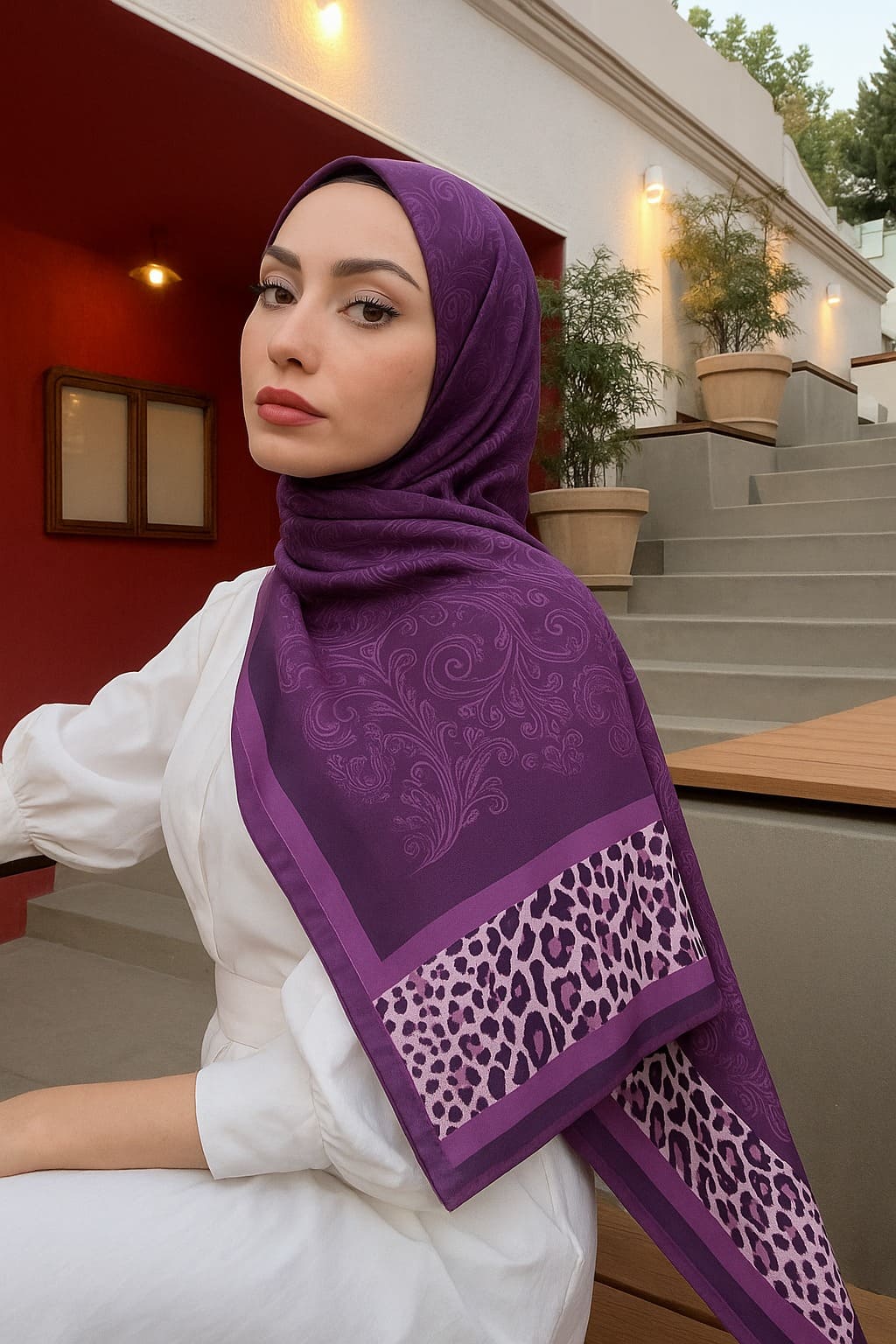 Leopar Detaylı Pamuk İpek Şal-456654-Derin Mor