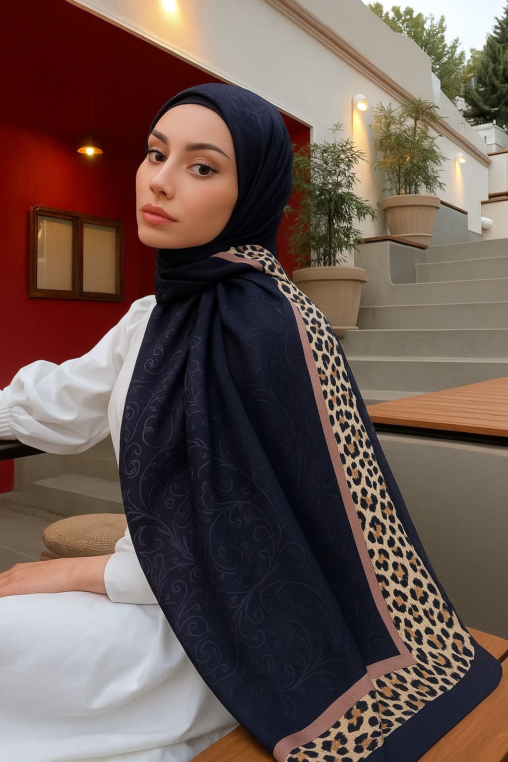 Leopar Detaylı Pamuk İpek Şal-456654-Gece Moru