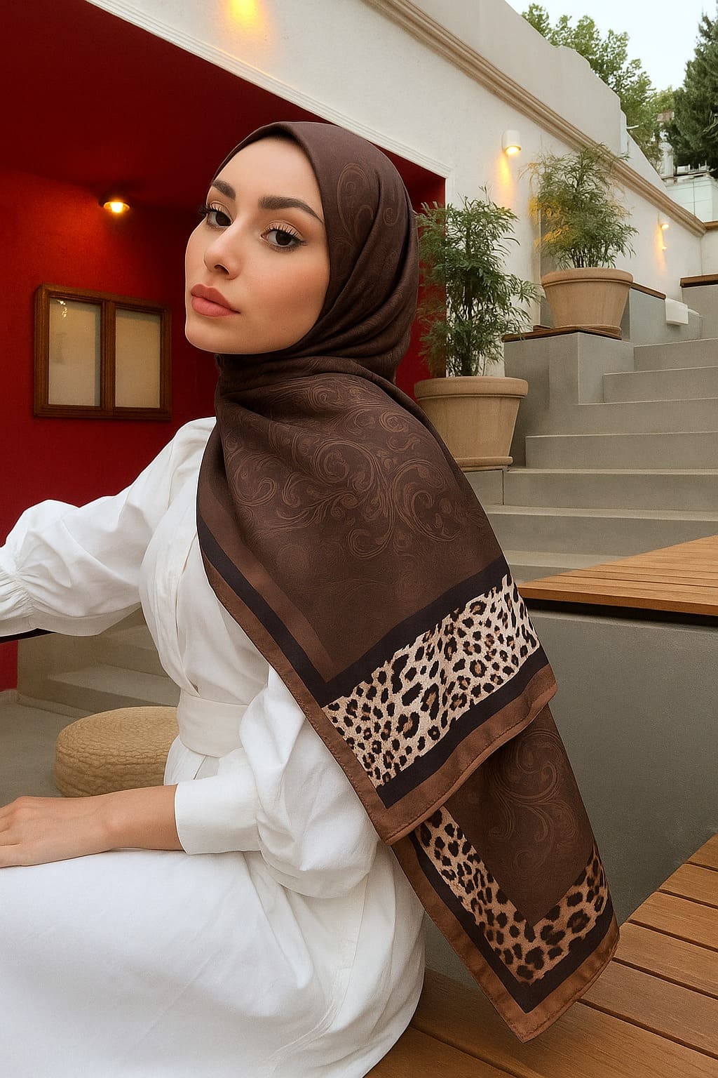 Leopar Detaylı Pamuk İpek Şal-456654-Kahve