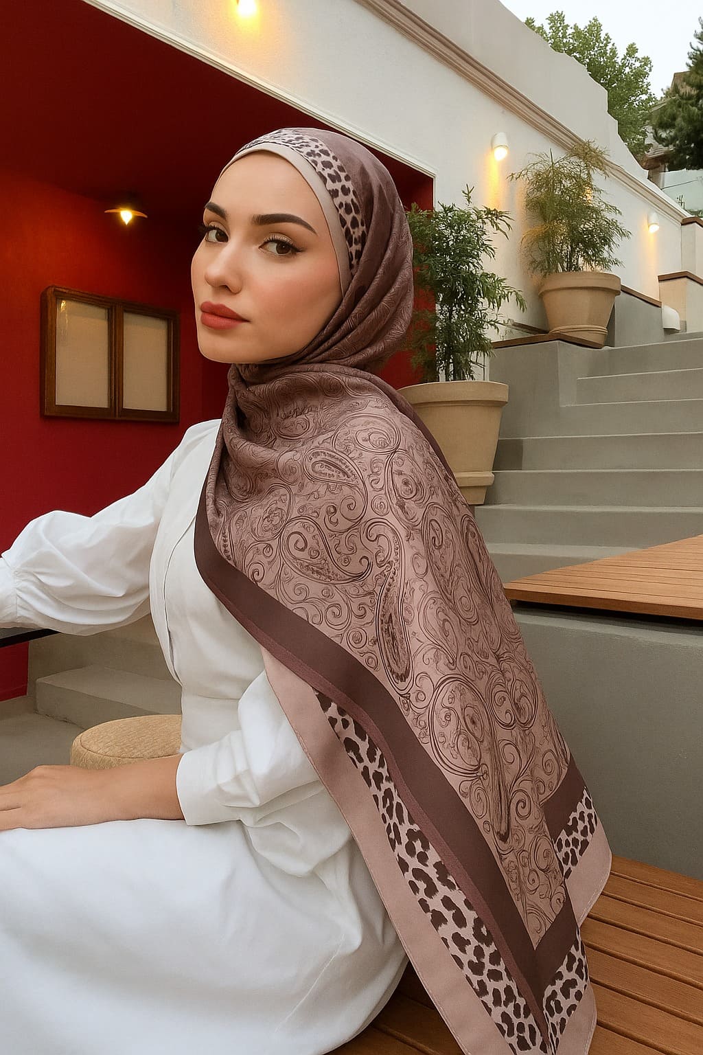 Leopar Detaylı Pamuk İpek Şal-456654-Krem