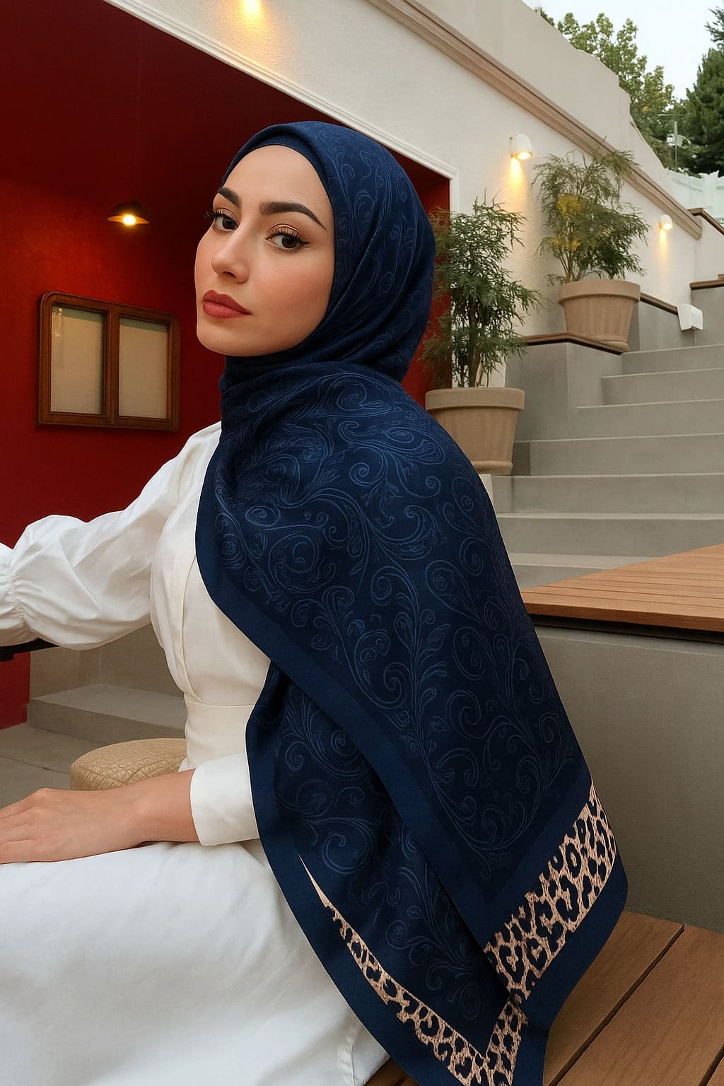 Leopar Detaylı Pamuk İpek Şal-456654-Lacivert