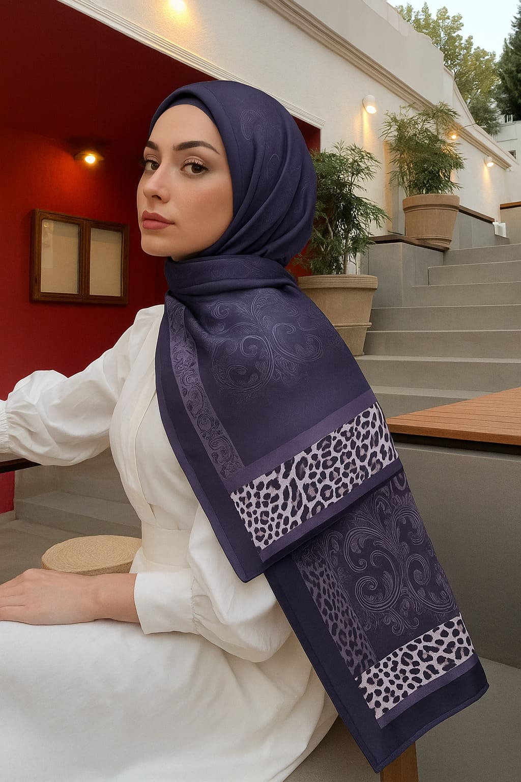 Leopar Detaylı Pamuk İpek Şal-456654-Leylak