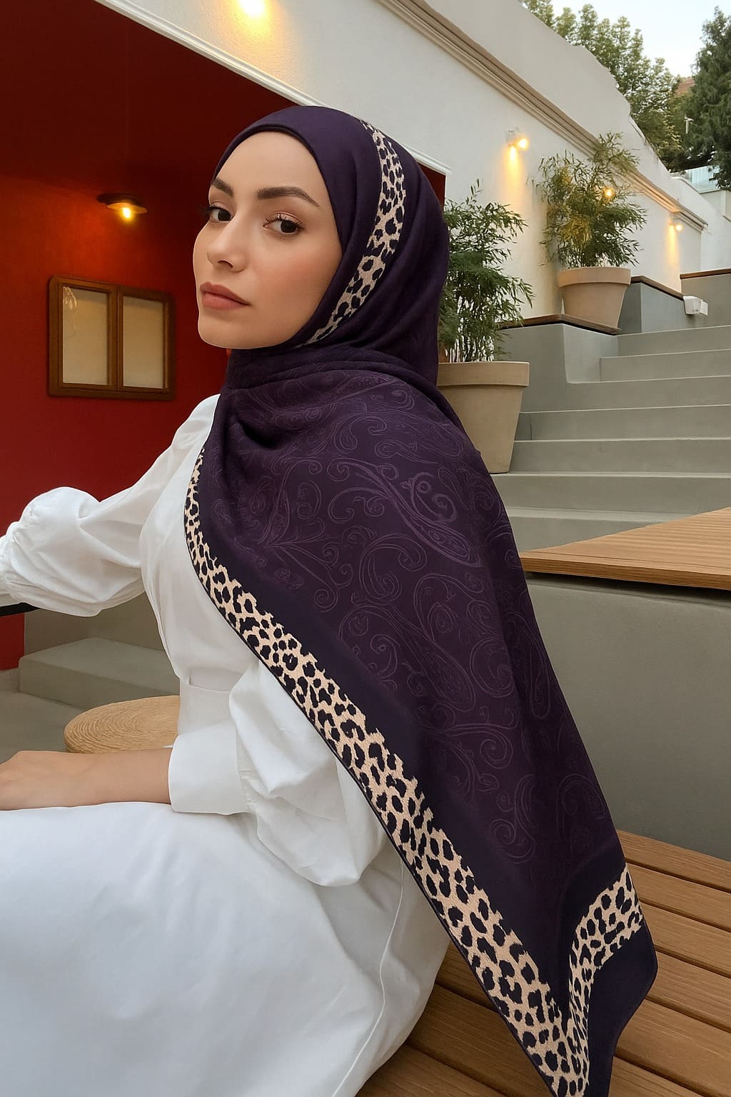 Leopar Detaylı Pamuk İpek Şal-456654-Mor