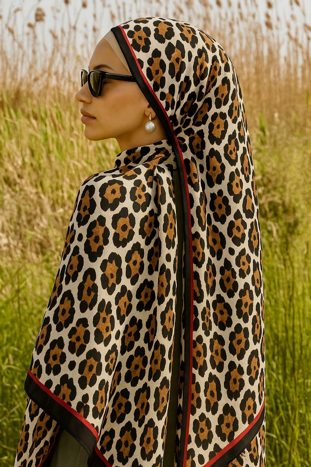 Leopare Desen Pamuk İpek Şal-6202761-Camel