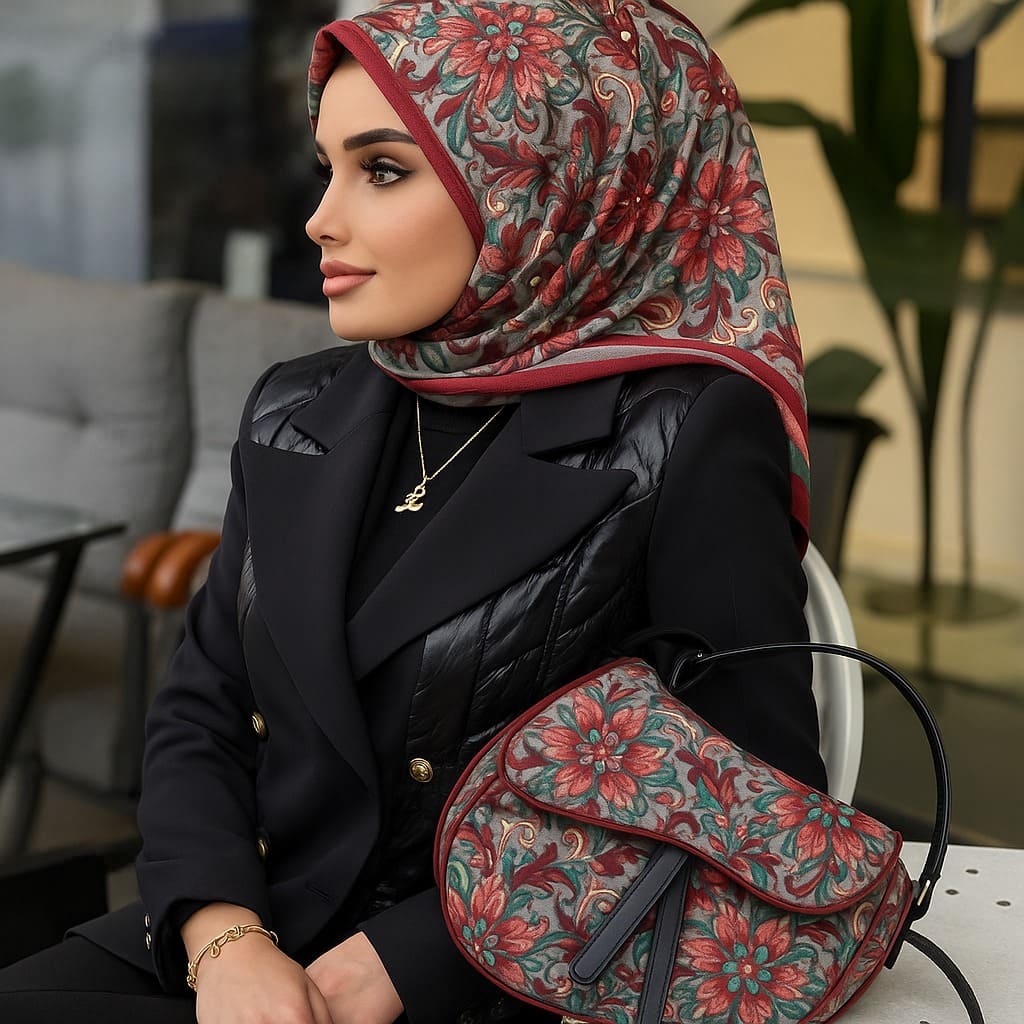 Çiçek Bahçesi Desen Vual İpek Eşarp-6203408-Bordo