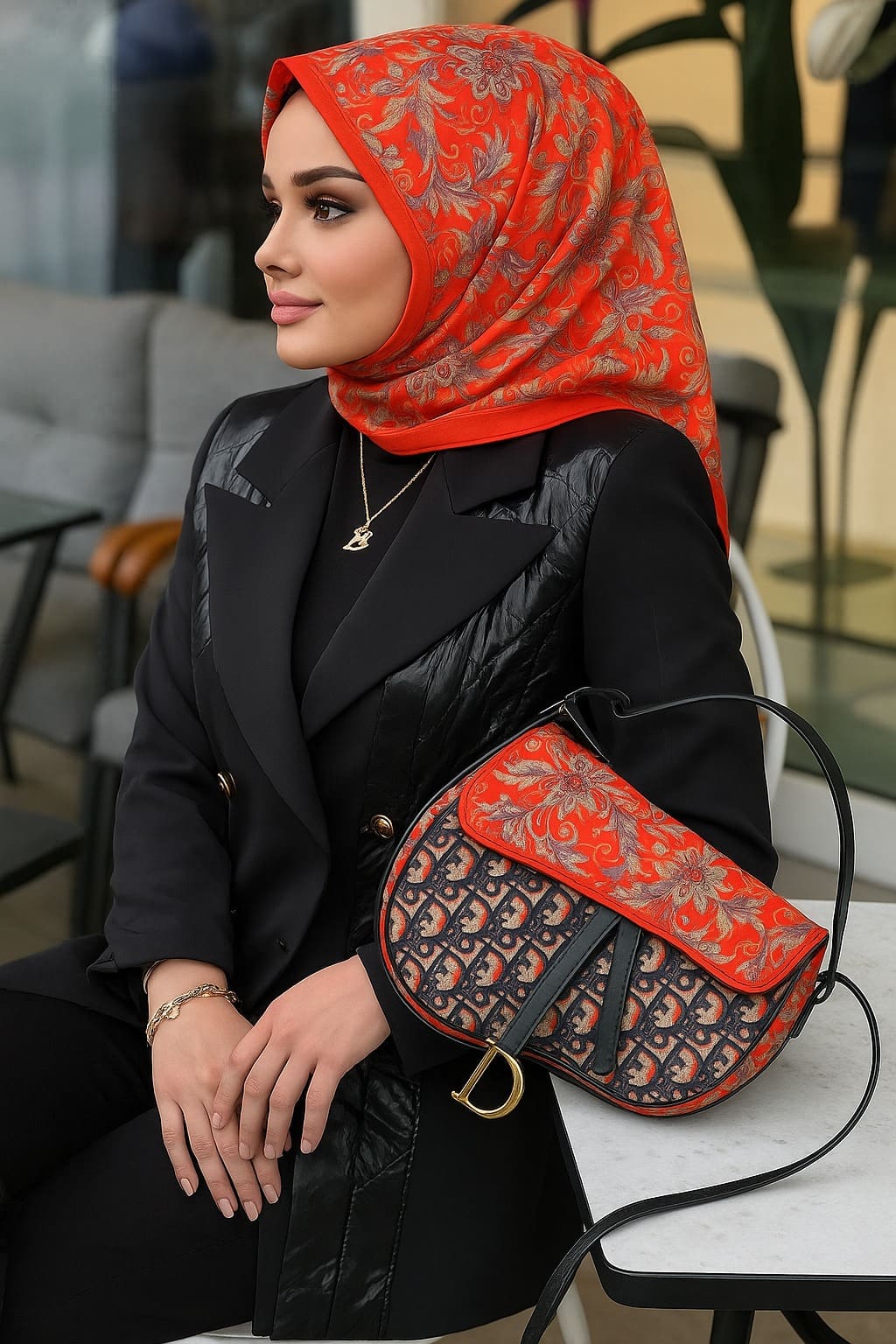 Çiçek Bahçesi Desen Vual İpek Eşarp-6203408-Oranj