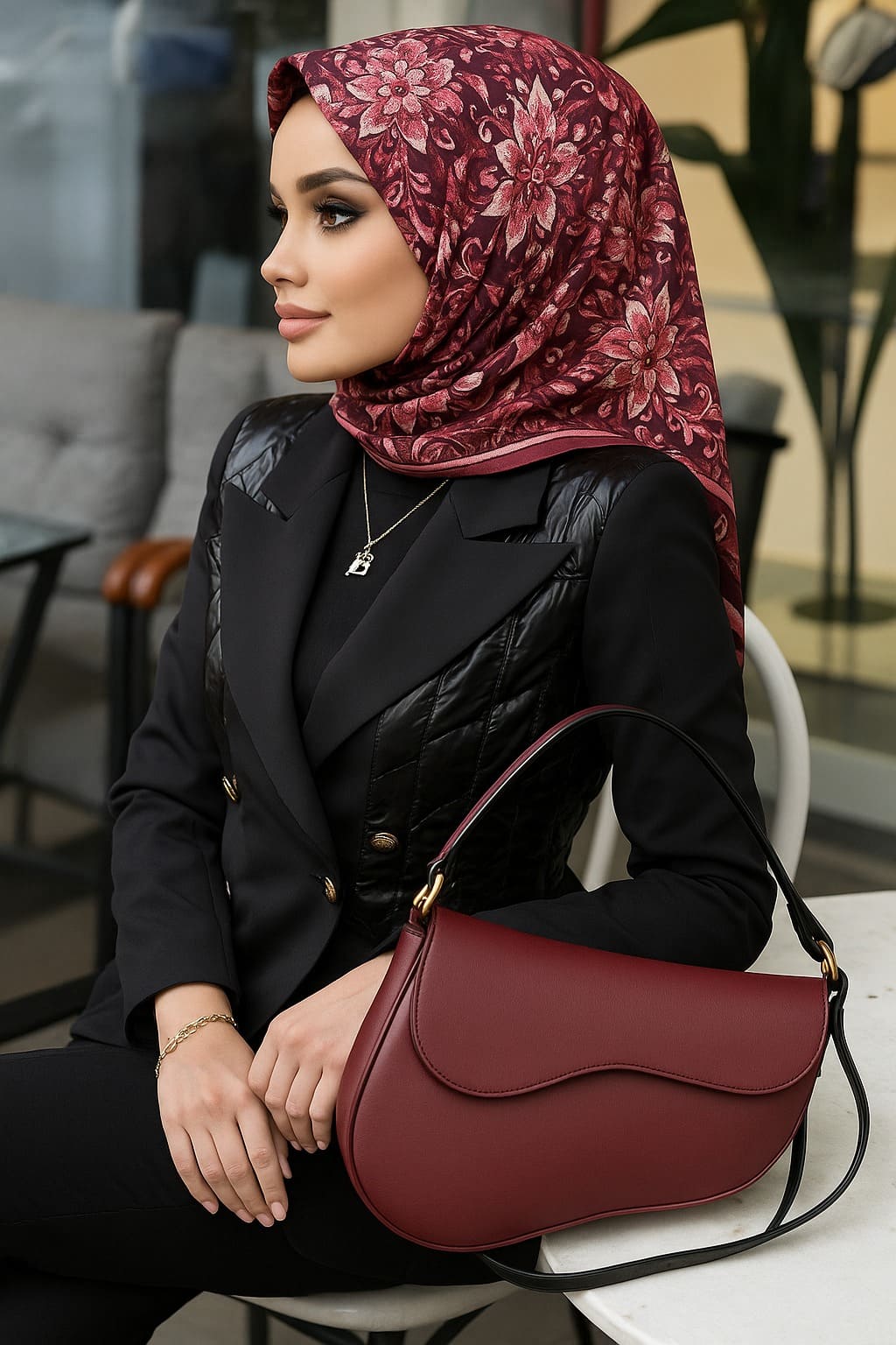 Çiçek Bahçesi Desen Vual İpek Eşarp-6203408-Vişne