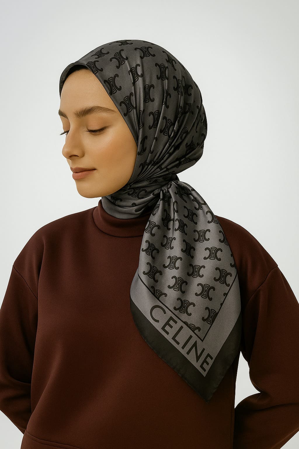 Celine Desen Vual İpek Eşarp-6204527-Antrasit
