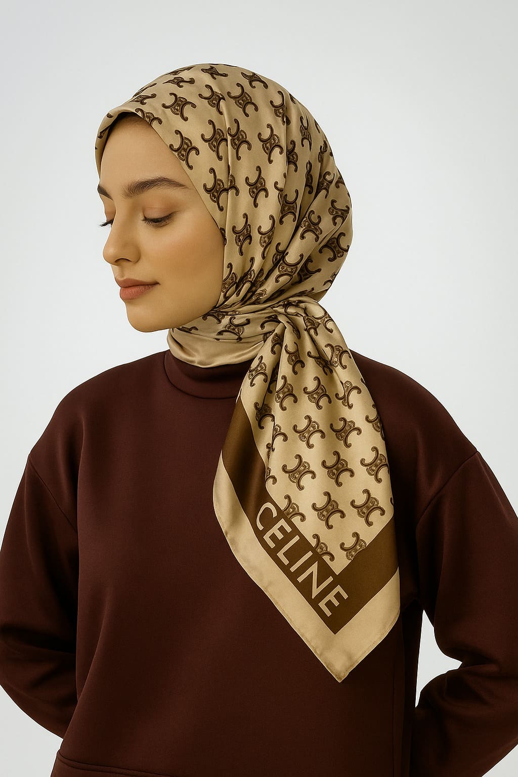 Celine Desen Vual İpek Eşarp-6204527-Latte