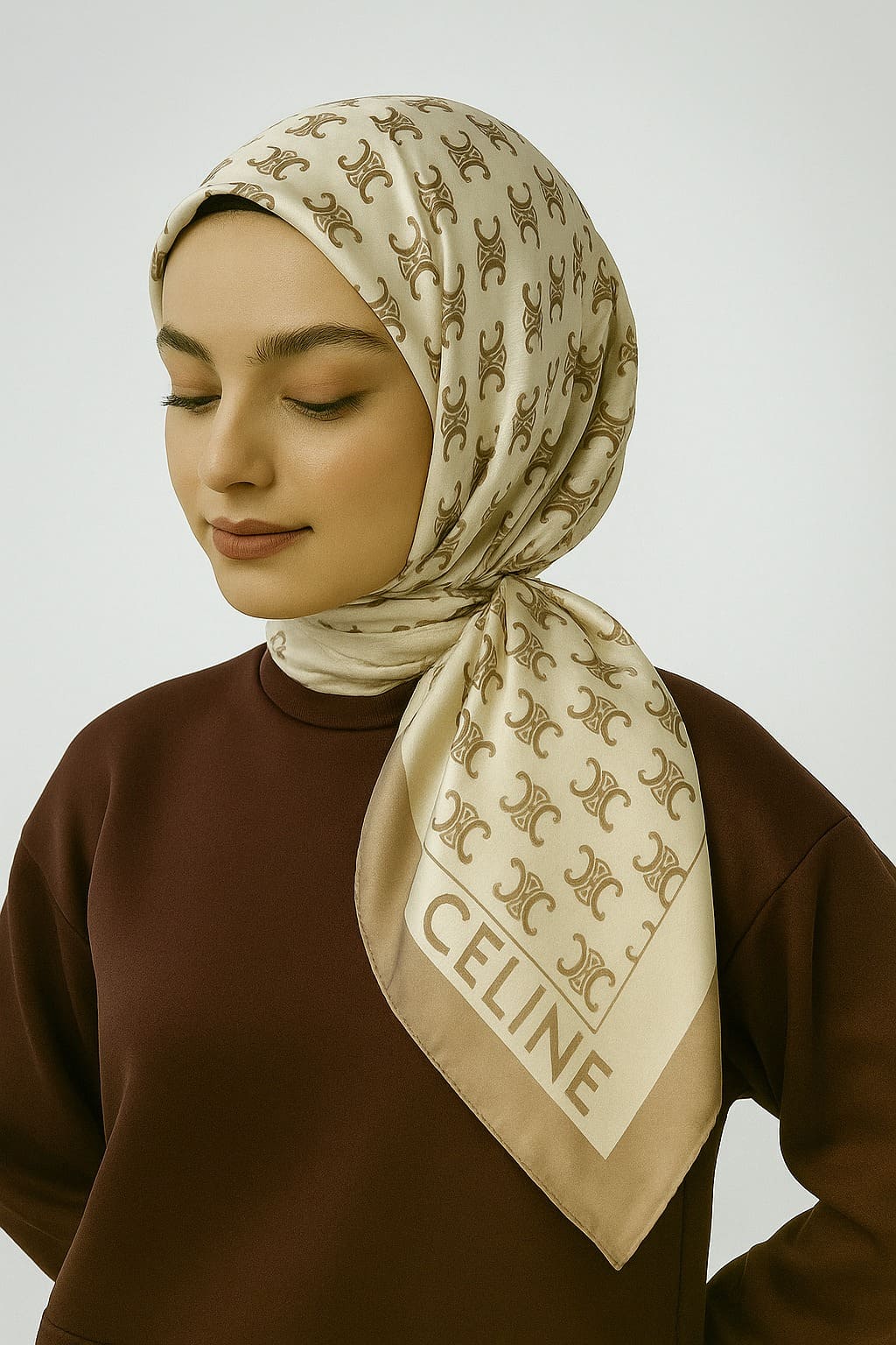 Celine Desen Vual İpek Eşarp-6204527-Sütlü kahve