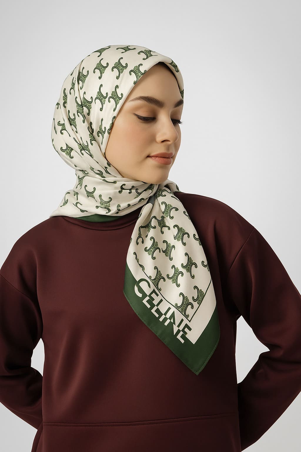Celine Desen Vual İpek Eşarp-6204527-Yeşil