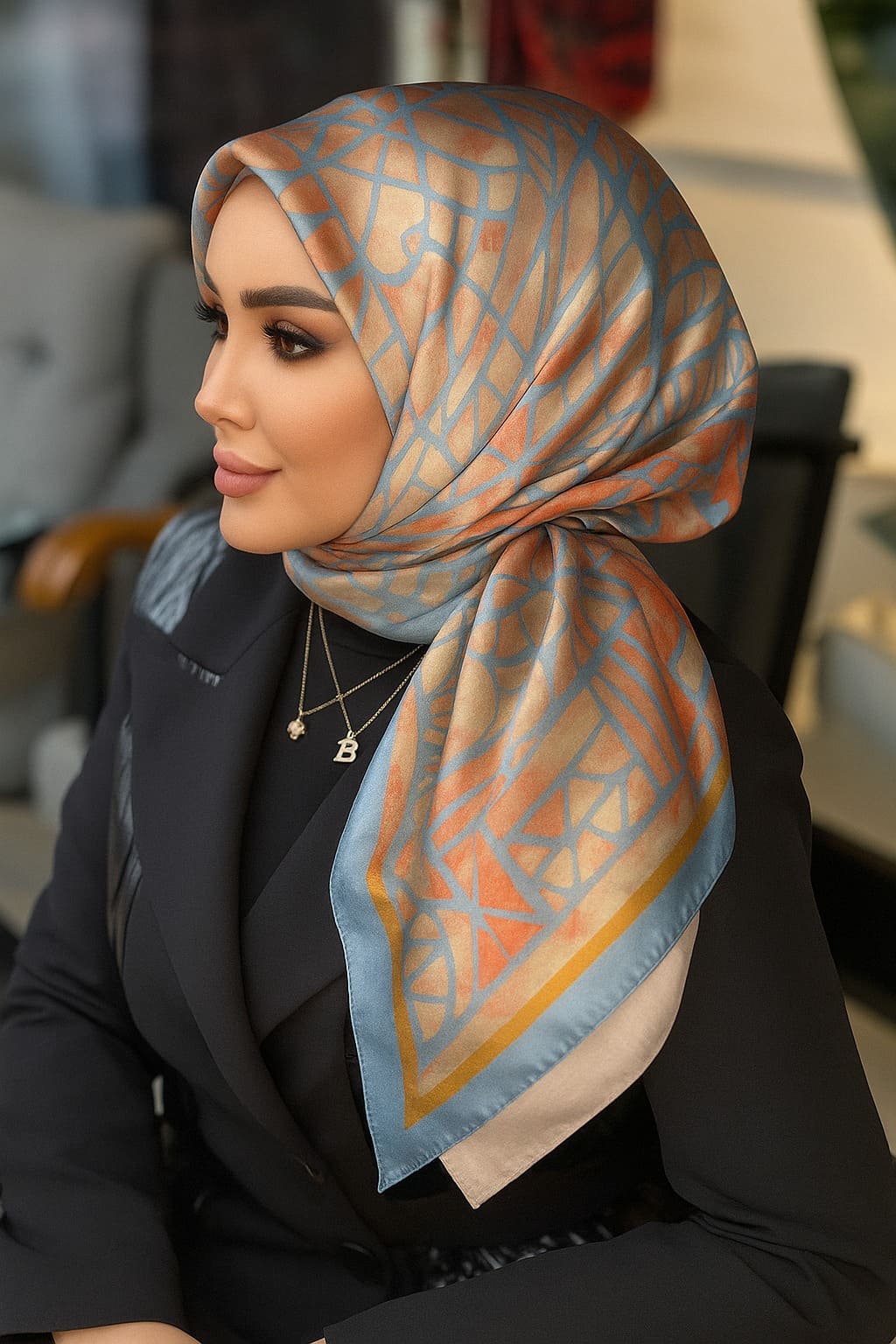 Oxxo Desen Vual İpek Eşarp-6203662-Bebe Mavi