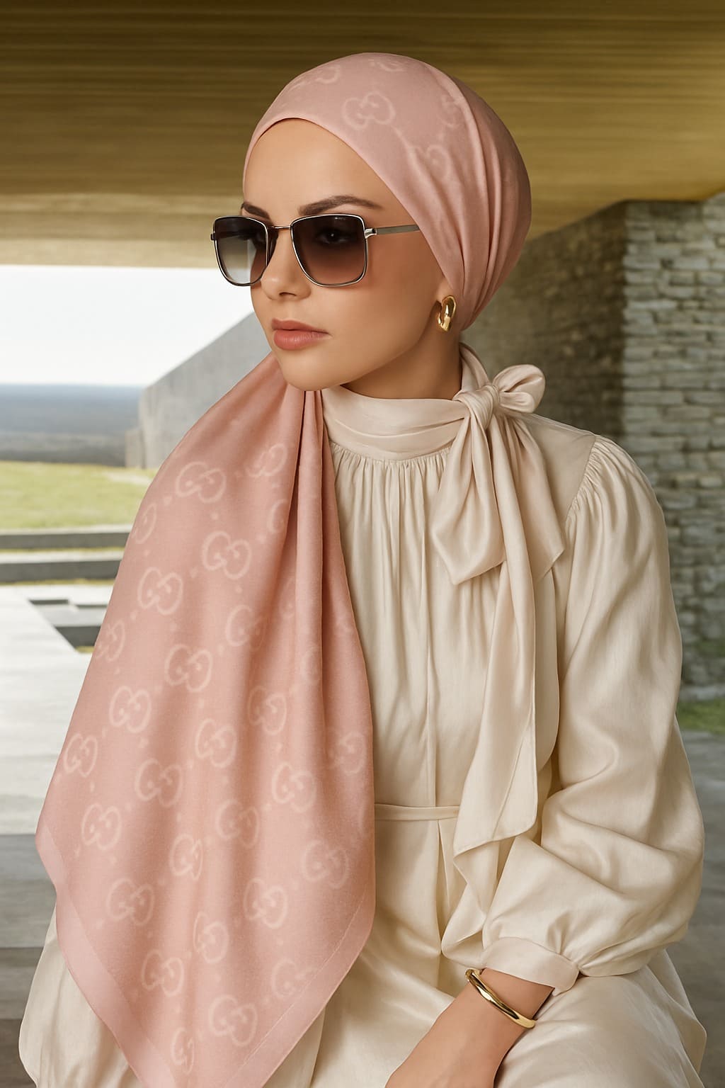 G Desenli İpek Kaşmir Çift Taraflı Şal 440344 - Pembe