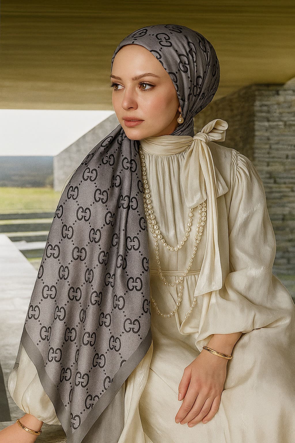 G Desenli İpek Kaşmir Çift Taraflı Şal 78003 440344 - Gri-siyah