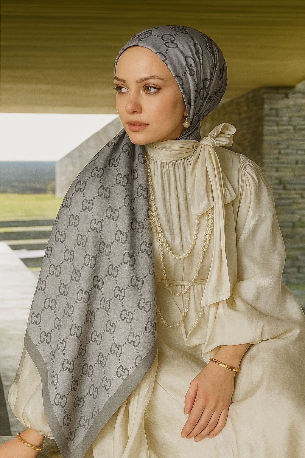 G Desenli İpek Kaşmir Çift Taraflı Şal 440344 - Gümüş Gri