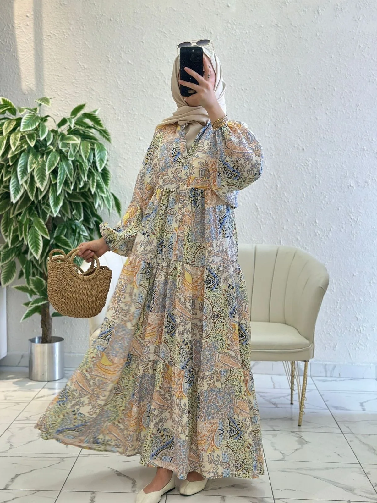 Paisley Esintisi  Elbise - Şeftali