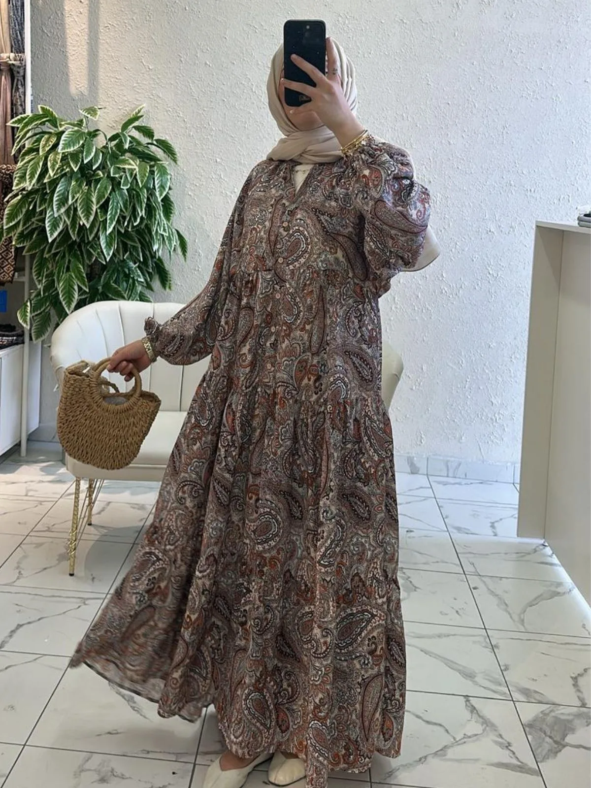 Etnik Desen Elbise L10034 - Karamel