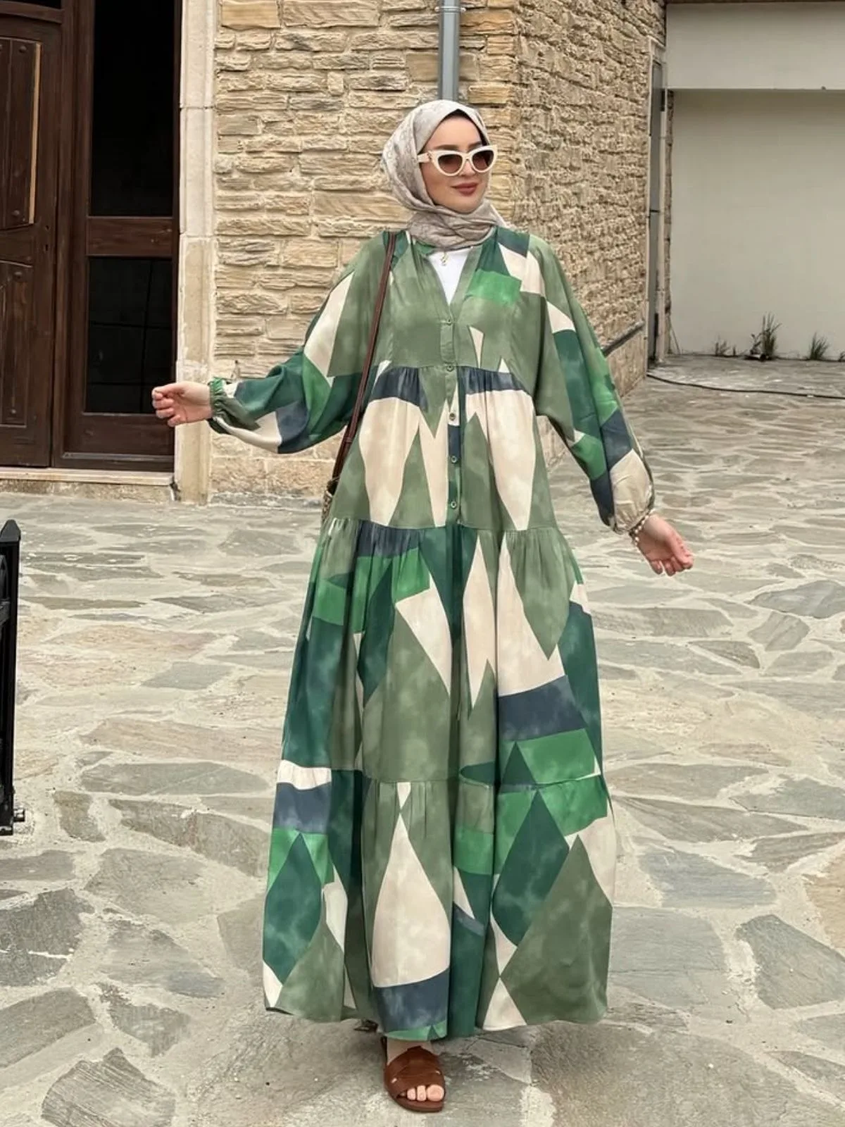 Panaroma Desen Elbise L10052 -  Yaprak Yeşili