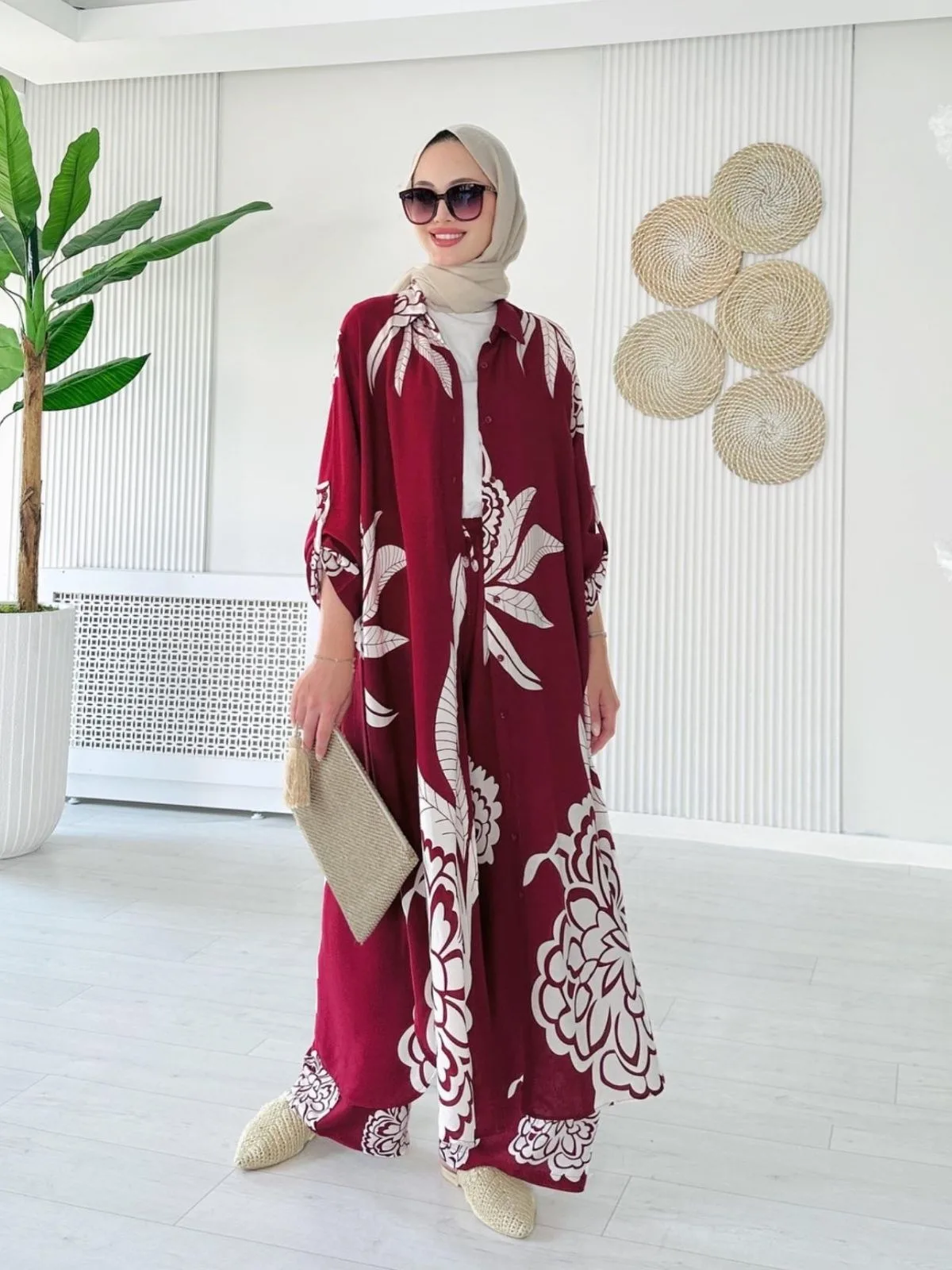 Çiçek Desen İkili Takım TK10077 - Derin Bordo