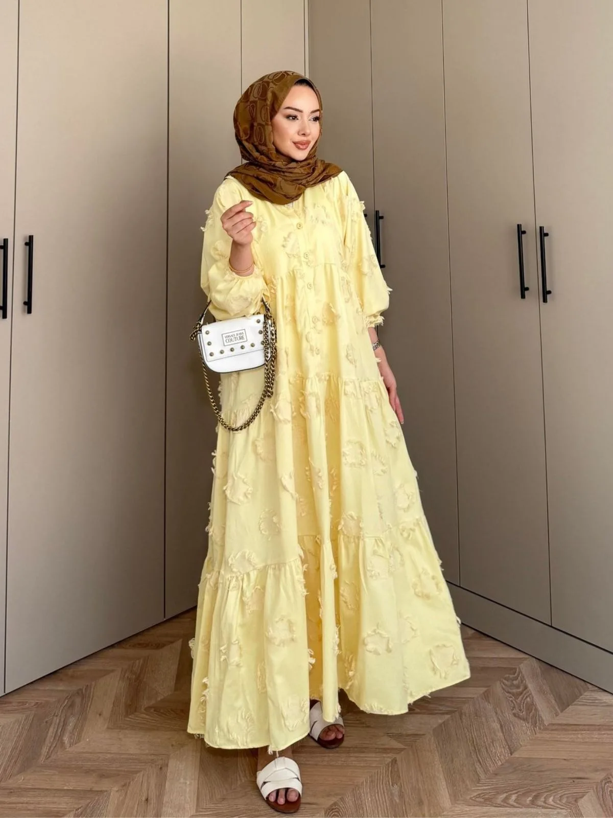 Kesme Keten Lola Motif Desen Elbise L10086 - Limon Çiçeği