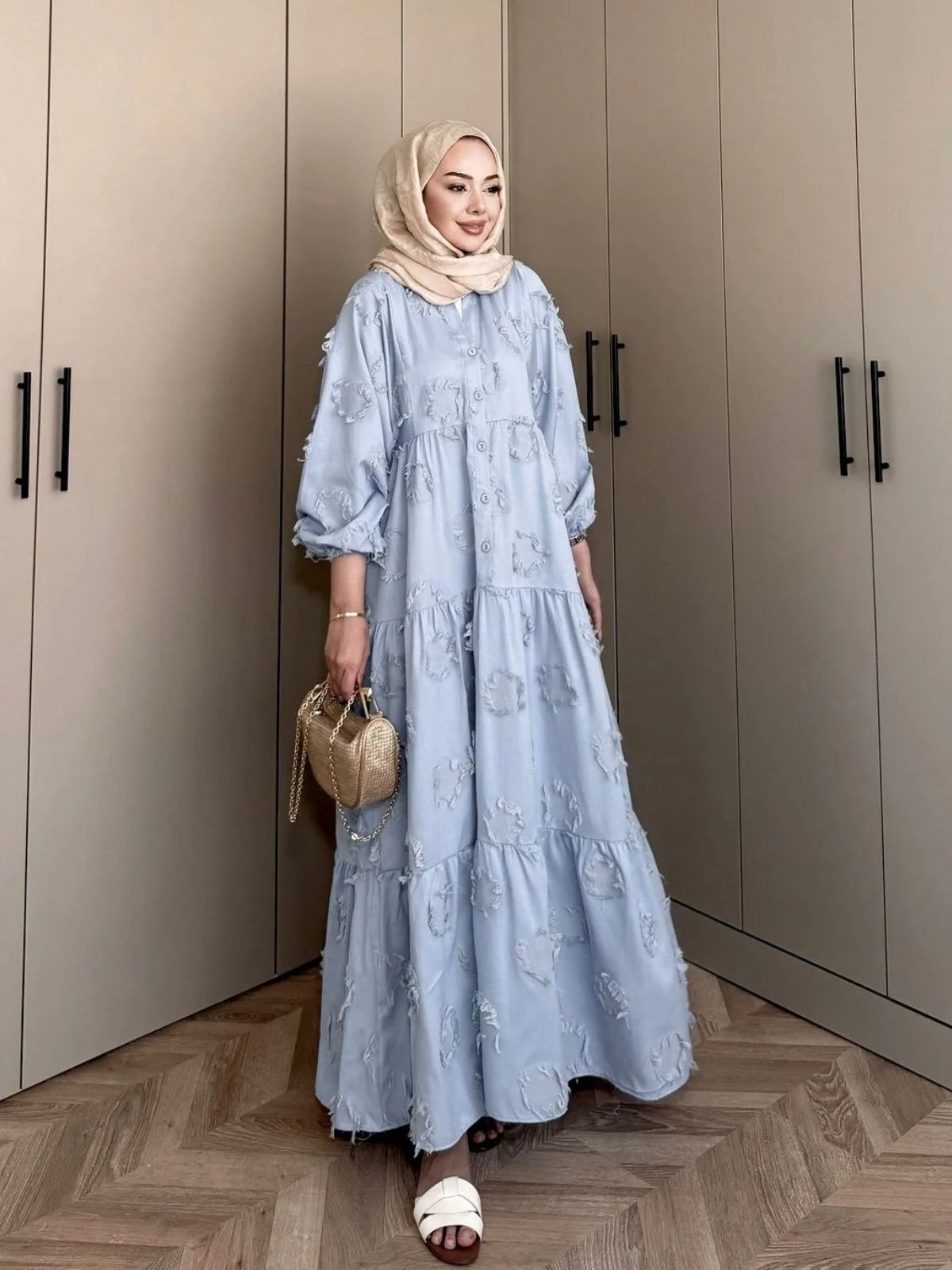 Kesme Keten Lola Motif Desen Elbise L10087 - Mavi Rüya
