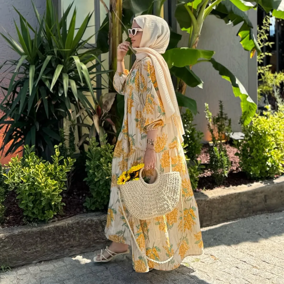 Mimoza Desenli Elbise -Sarı (ŞAL HEDİYE)