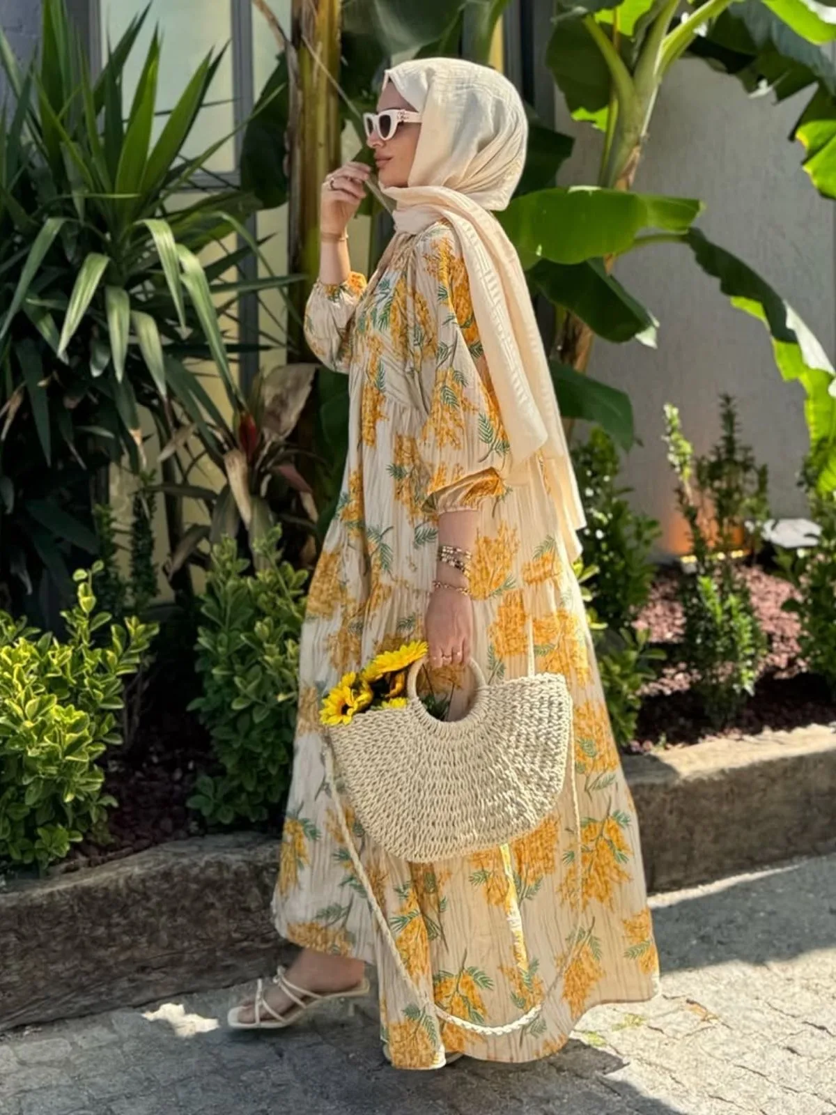 Mimoza Desenli Elbise BÜYÜK BEDEN -Sarı