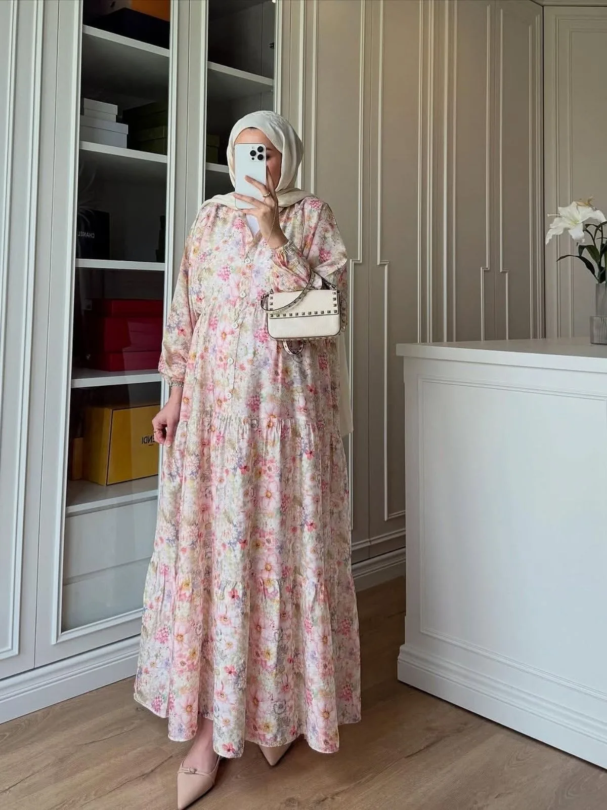 Eleya Çiçek Harmanı Elbise BÜYÜK BEDEN  - Krem