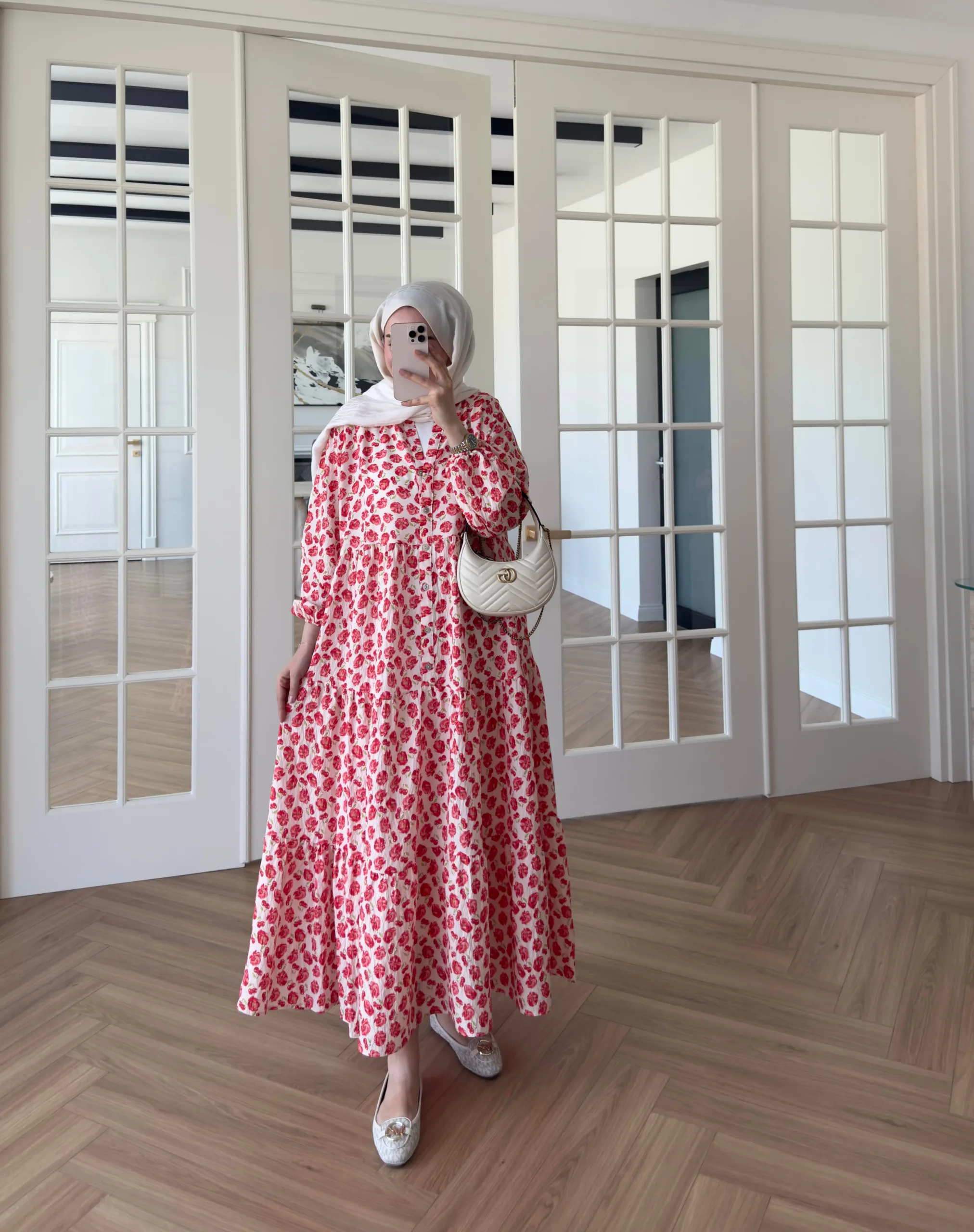 Kiraz Desenli Elbise-1200-Kırmızı