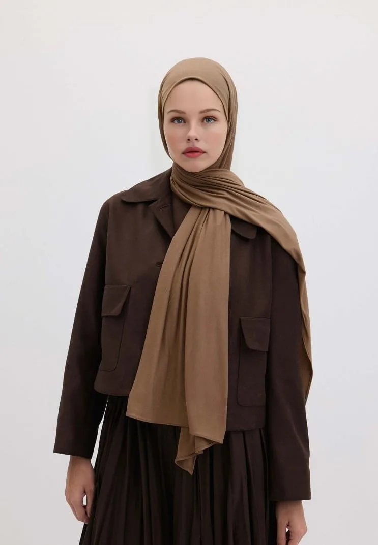 Penye Şal Hijap Modeli - Kestane