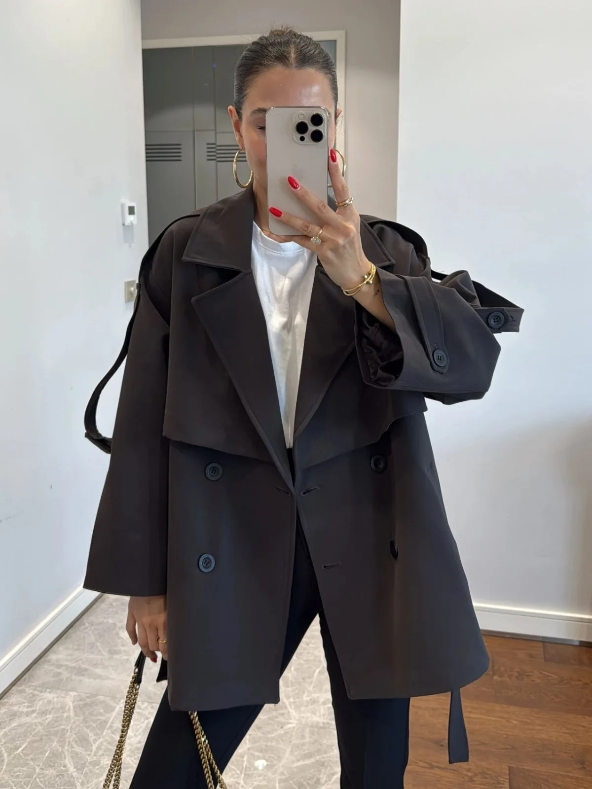 Oversize Omuz Detay  Trençkot DŞ100235 - Koyu Kahve