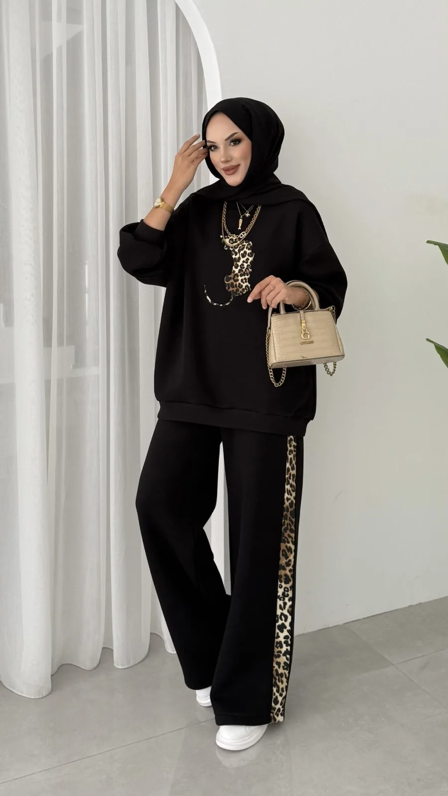 Leopar Nakışlı Şardonlu İkili Takım BÜYÜK BEDEN TK100258 - Siyah