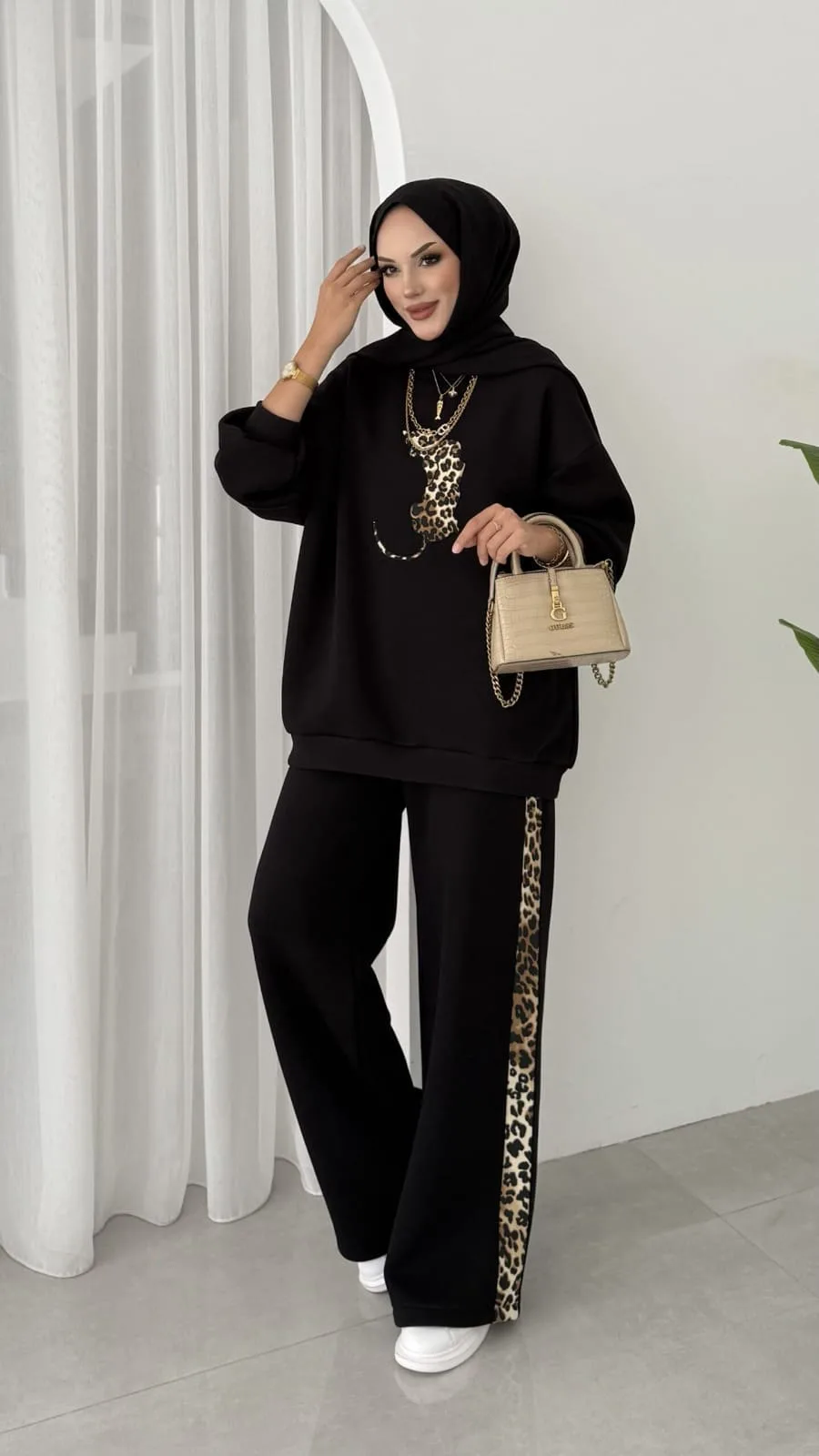 Leopar Nakışlı Şardonlu İkili Takım TK100258 - Siyah