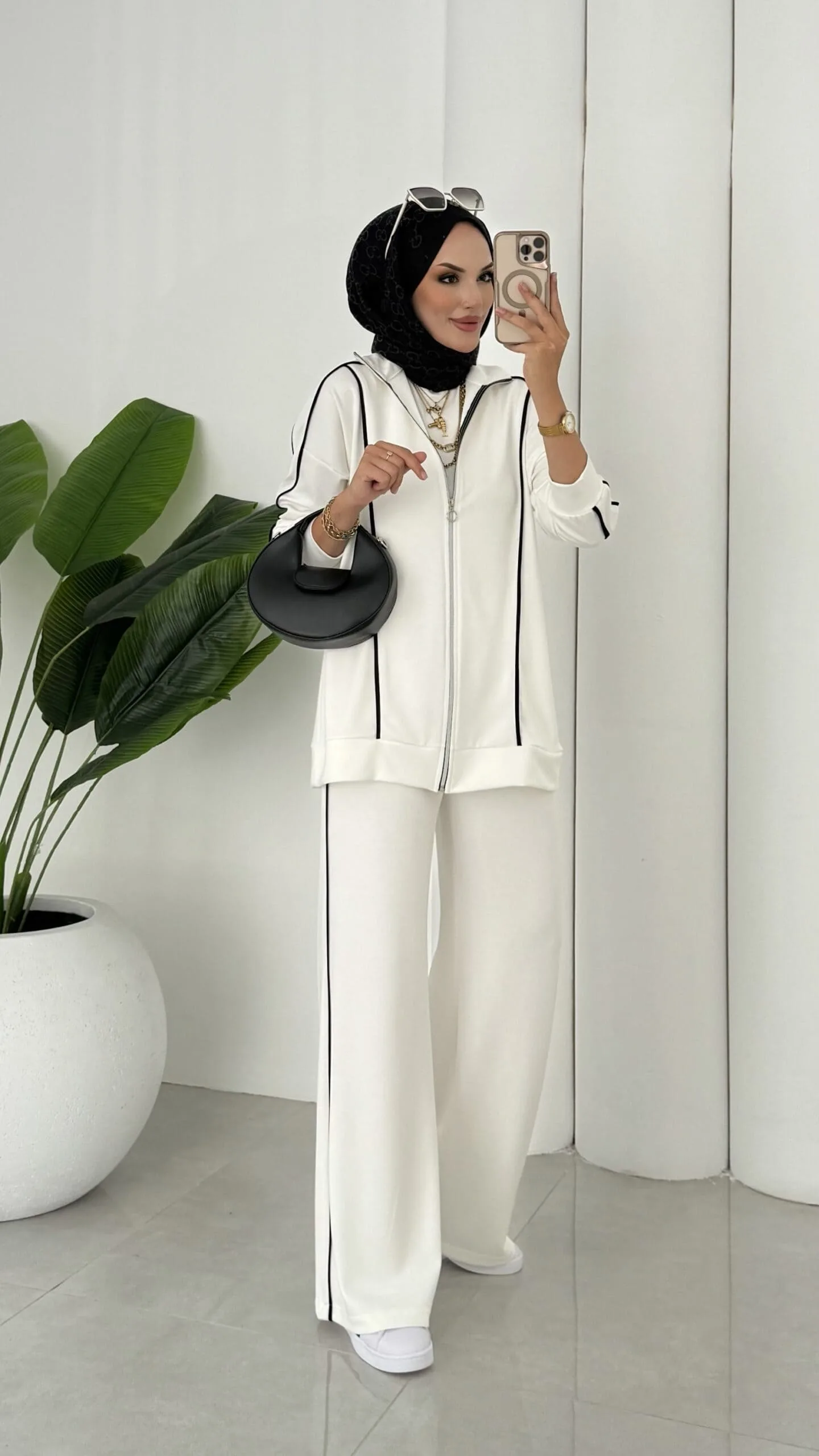 Premium Oysho Şeritli İkili Takım TK100244  -Beyaz