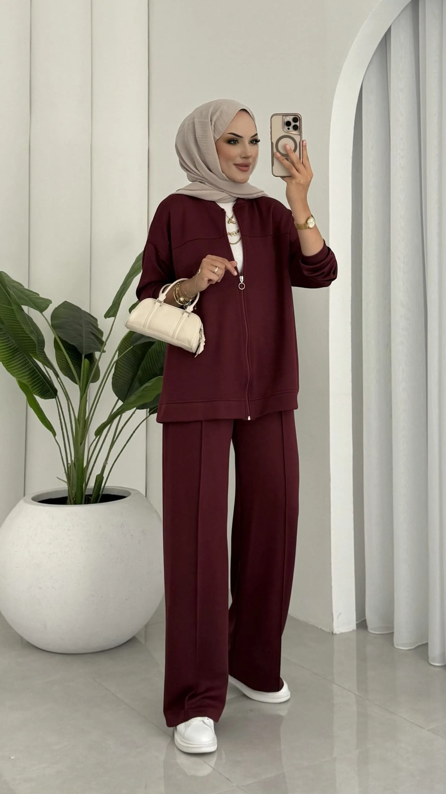 Oysho Premium Fermuarlı Basic İkili Takım TK2962  - Bordo