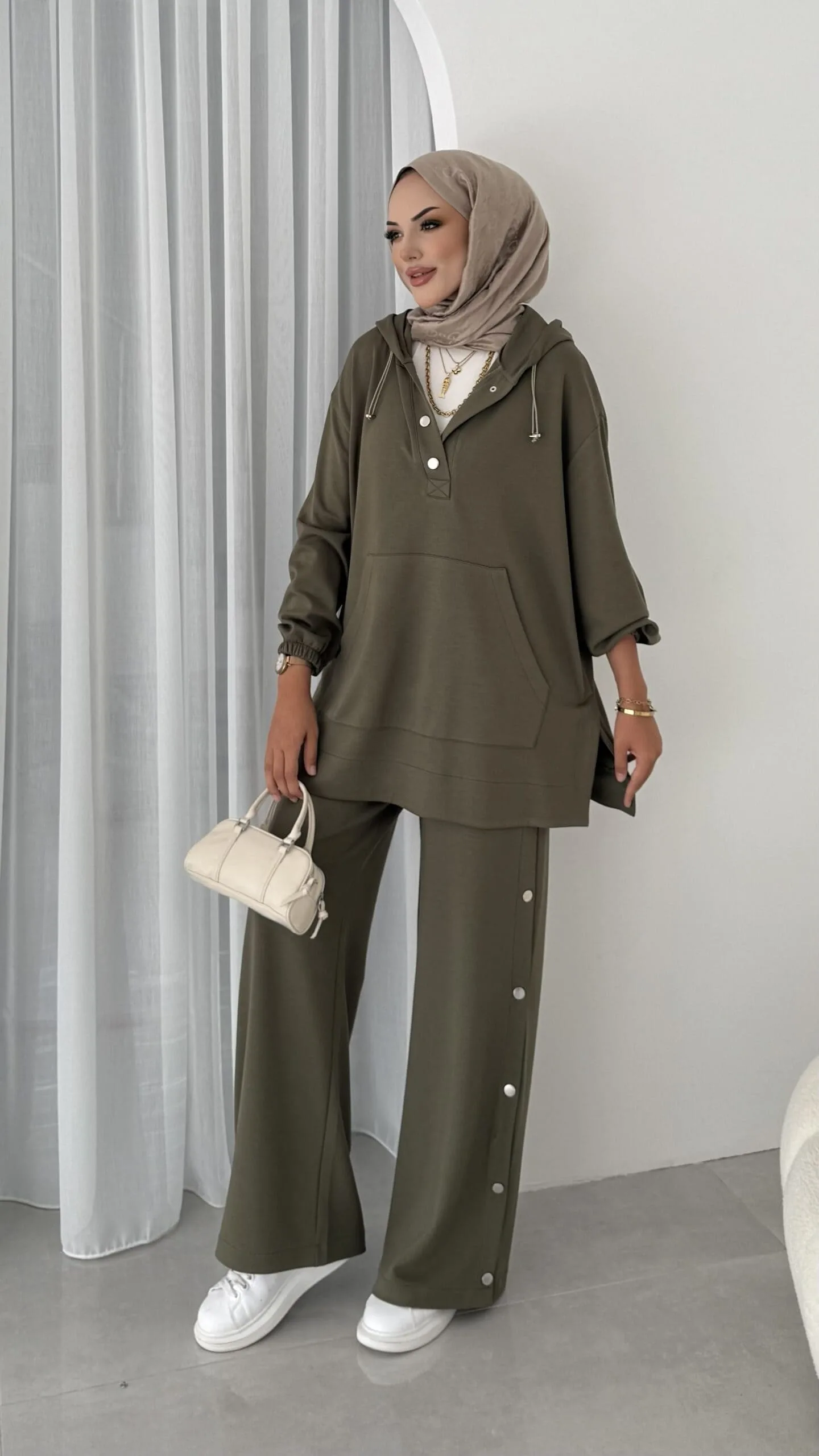 Premium Oysho Çıtçıtlı ı İkili Takım TK100242  - Haki