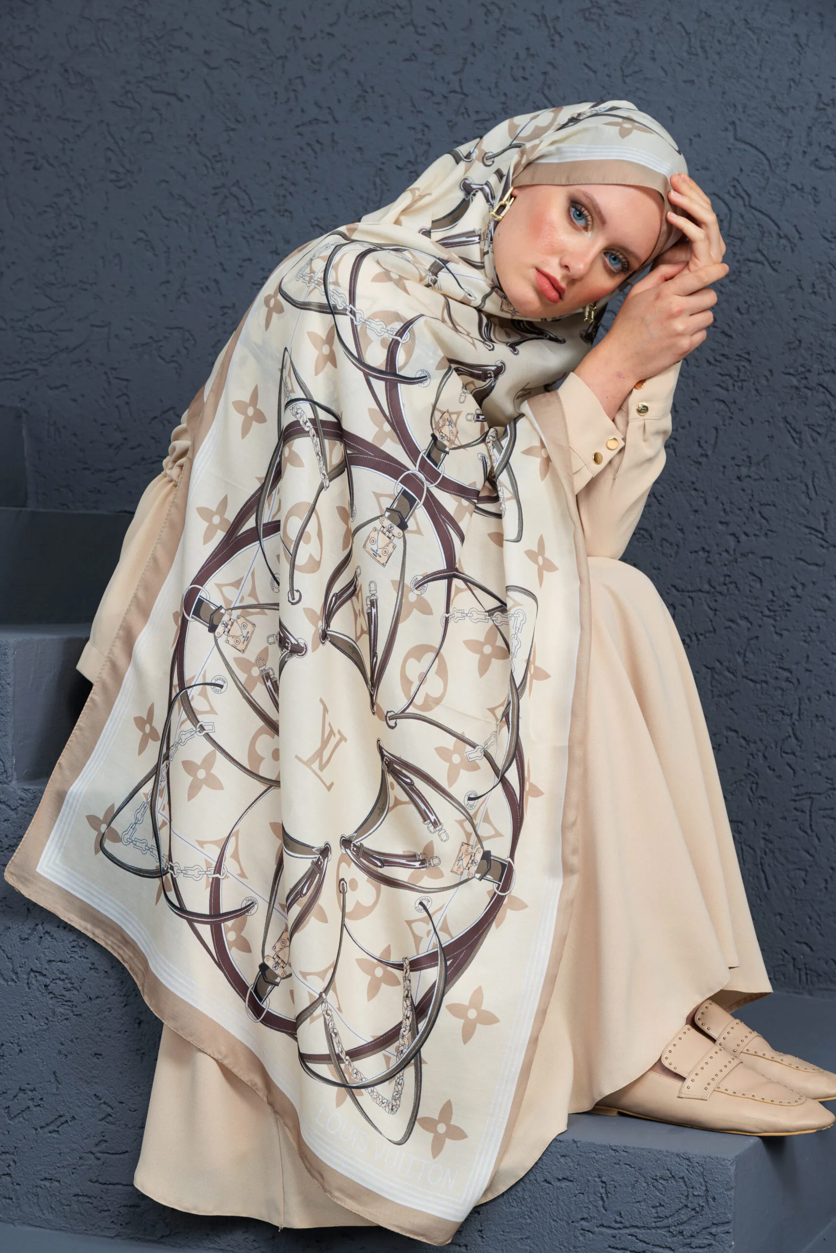 Lv Kemer Desen Pamuk Soft Şal 31230 - Ekru-Bej