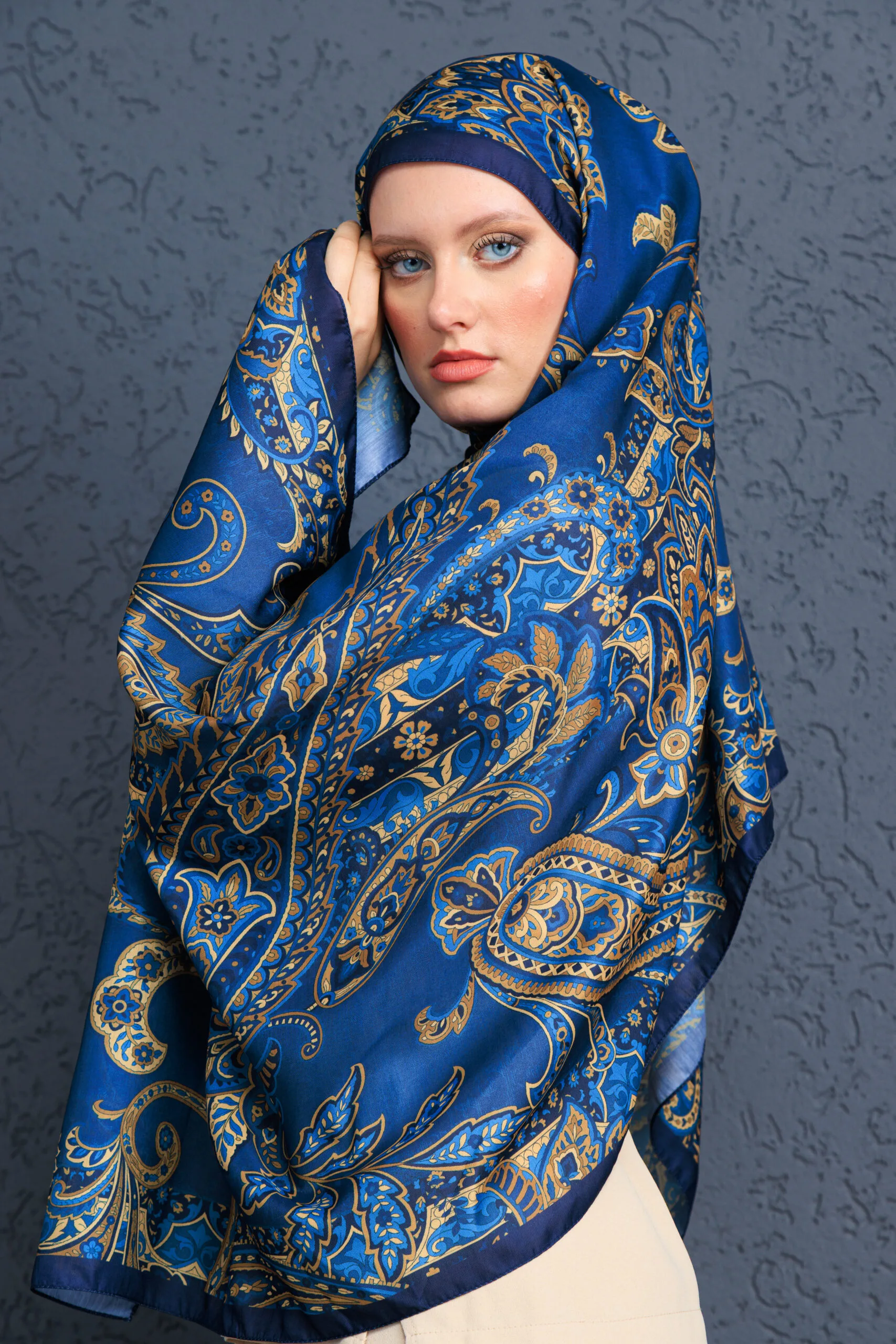 İnci Gecesi Desen Pamuk İpek Şal-10004-GECE MAVİSİ