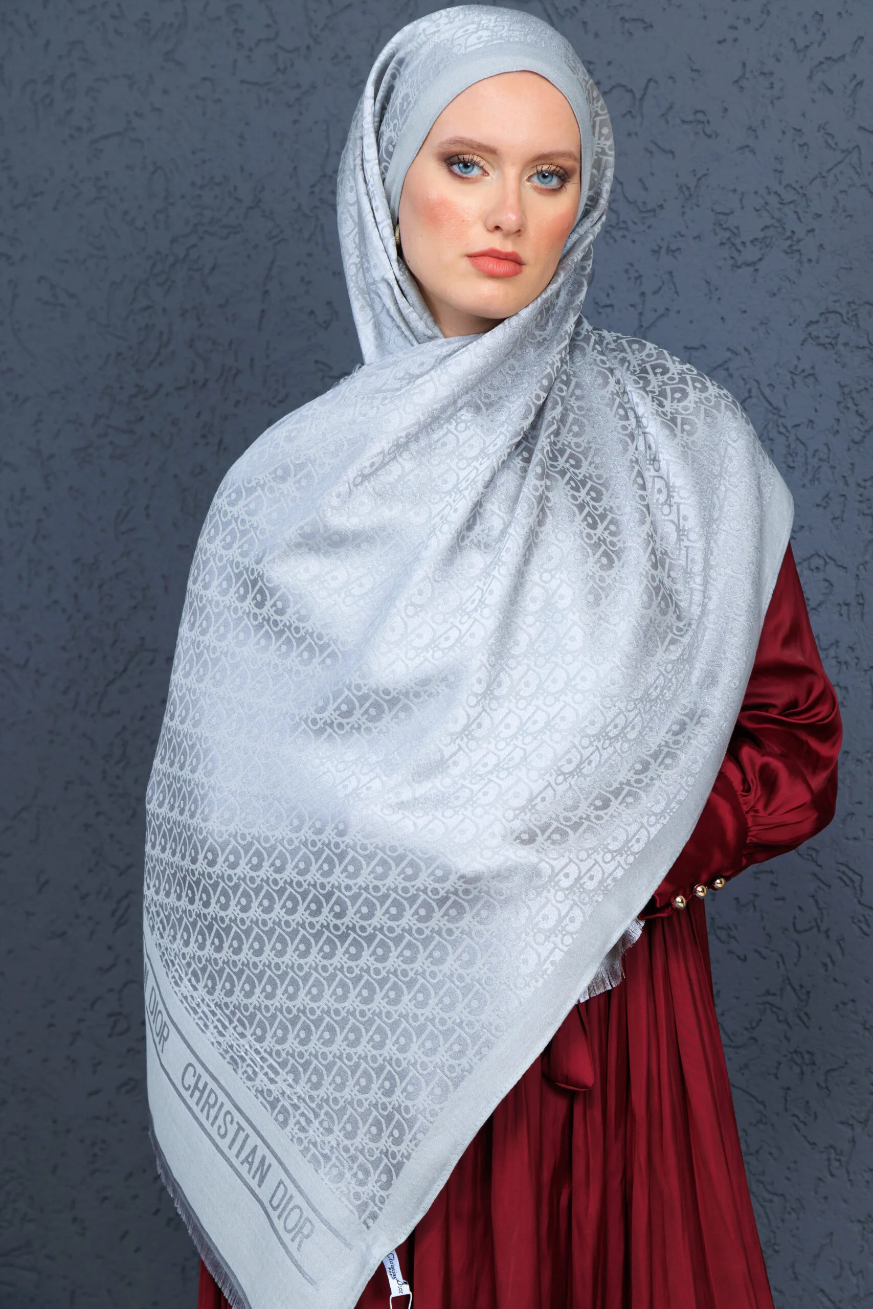 Dior  İthal Yün  İpek Şal Tam Set Kutulu Sertifikalı-Gri