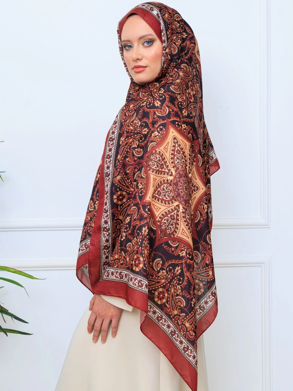 Etro Buta Desenli Pamuk Soft Şal - 377350 - Bordo Siyah