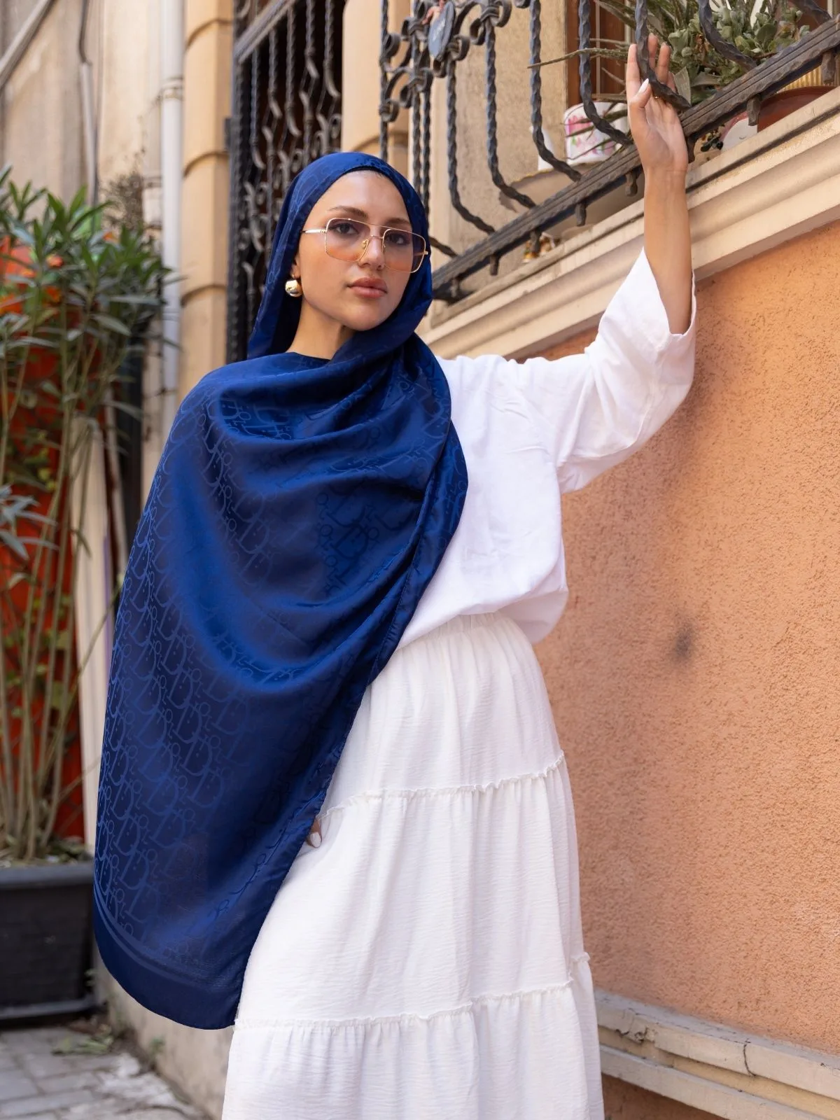 Dior Desen Pamuk İpeksi Jakar Şal-53354-Lacivert