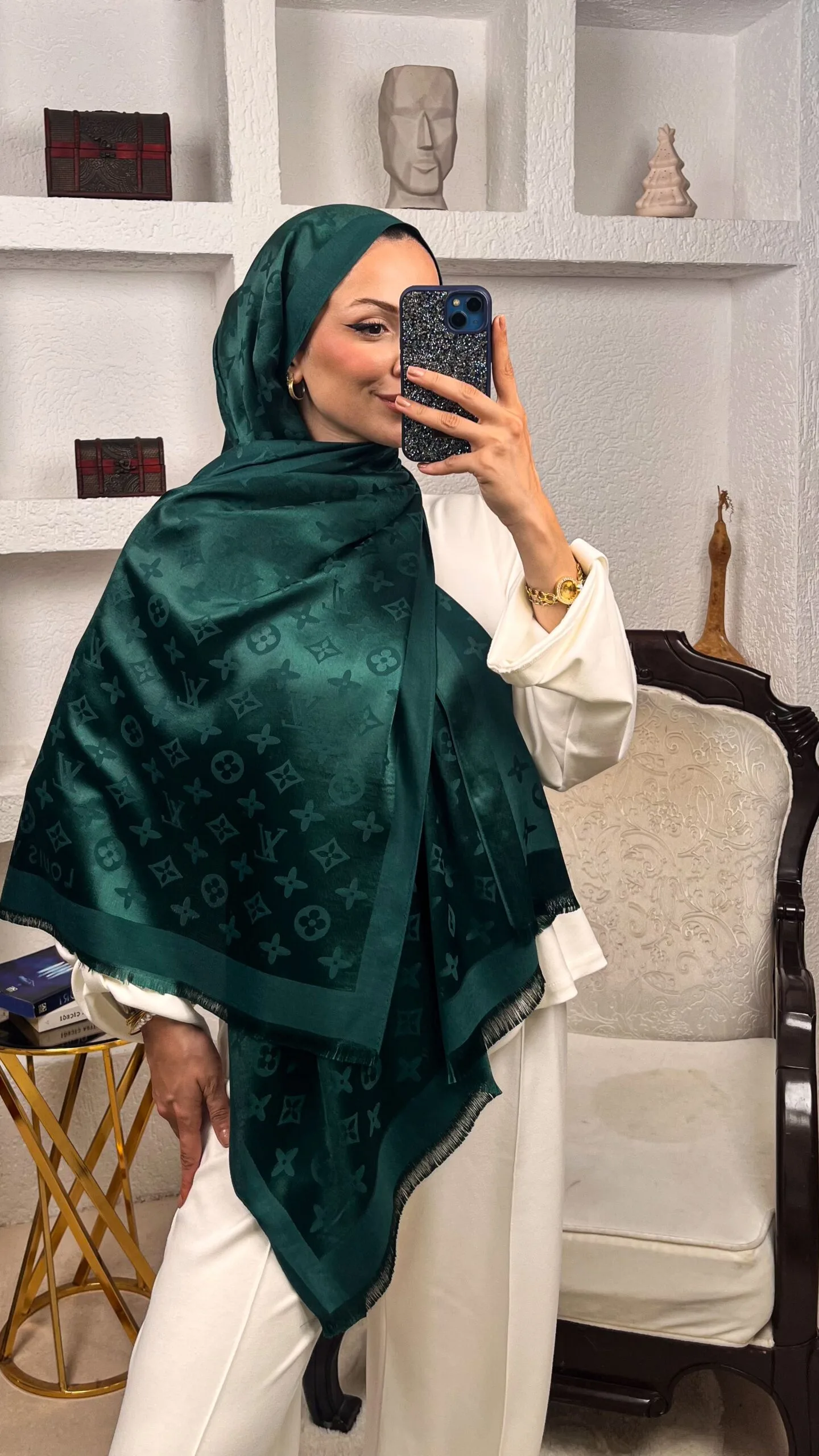 İthal Lv Pamuk Yün İpek Şal 49104 - Zümrüt