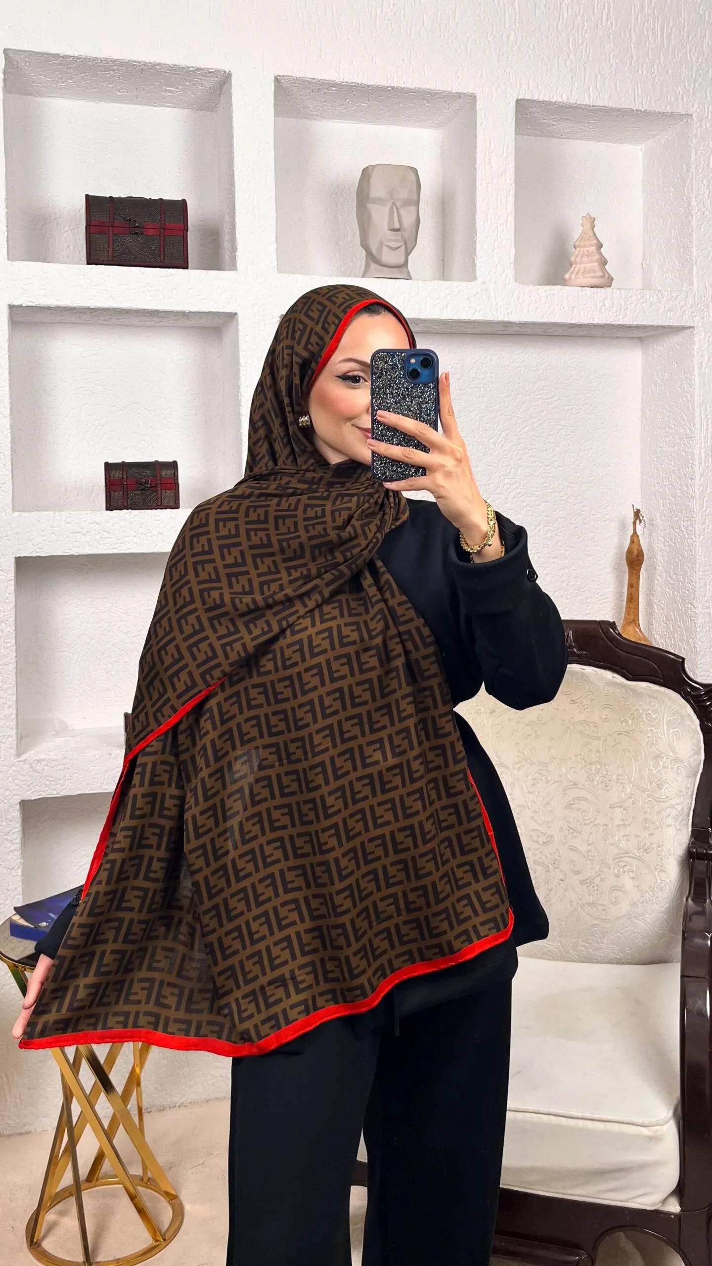 İTHAL A+ Fendi Yün İpek Çift Taraflı Marka Şal 87478 - Bordo Biyeli