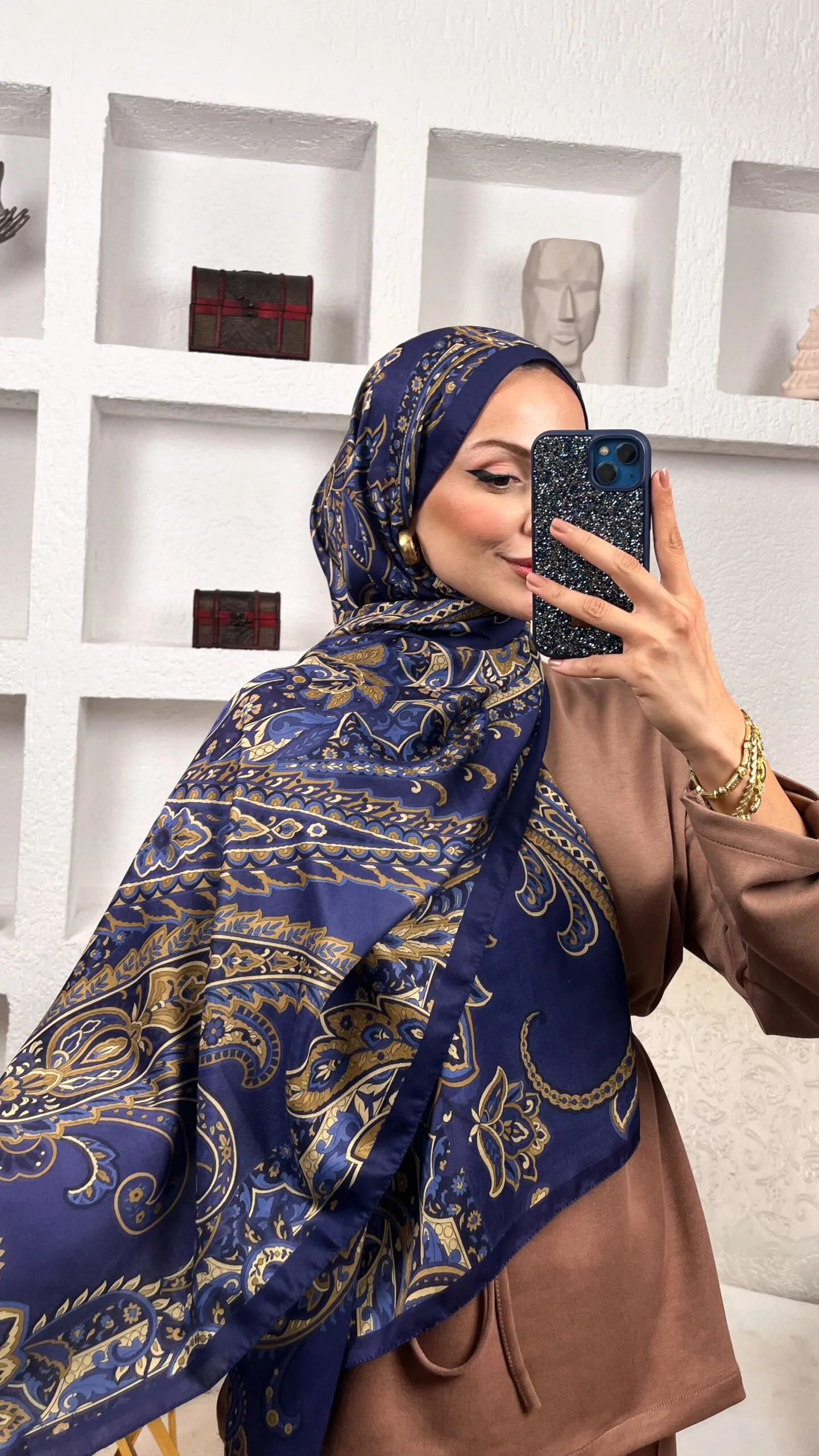 İnci Gecesi Desen Pamuk İpek Şal-10004-İNDİGO